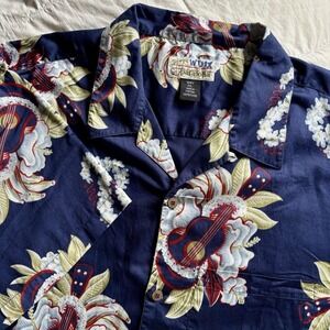 Vtg Patagonia Pataloha Hawaiian Shirt Men's XXL Navy Ukulele Hibiscus Tropical